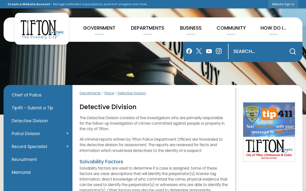 Tifton Police Detective Division page illustrating a separate city records custodian