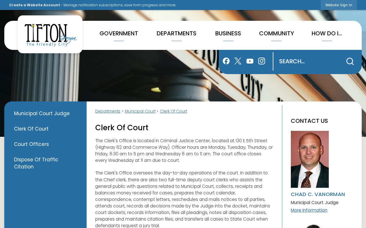 Tifton criminal records clerk and Municipal Court hours