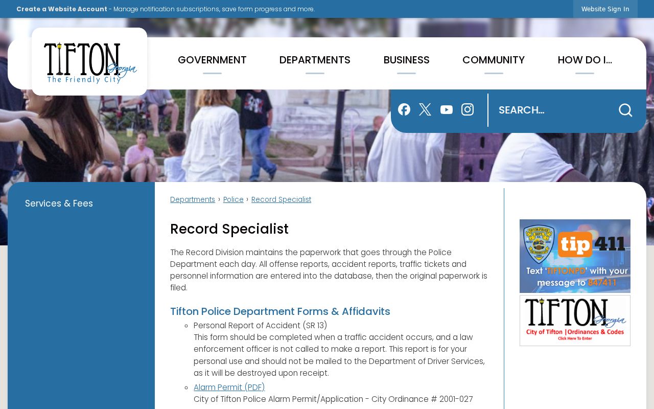 Tifton Police records specialist and criminal records services