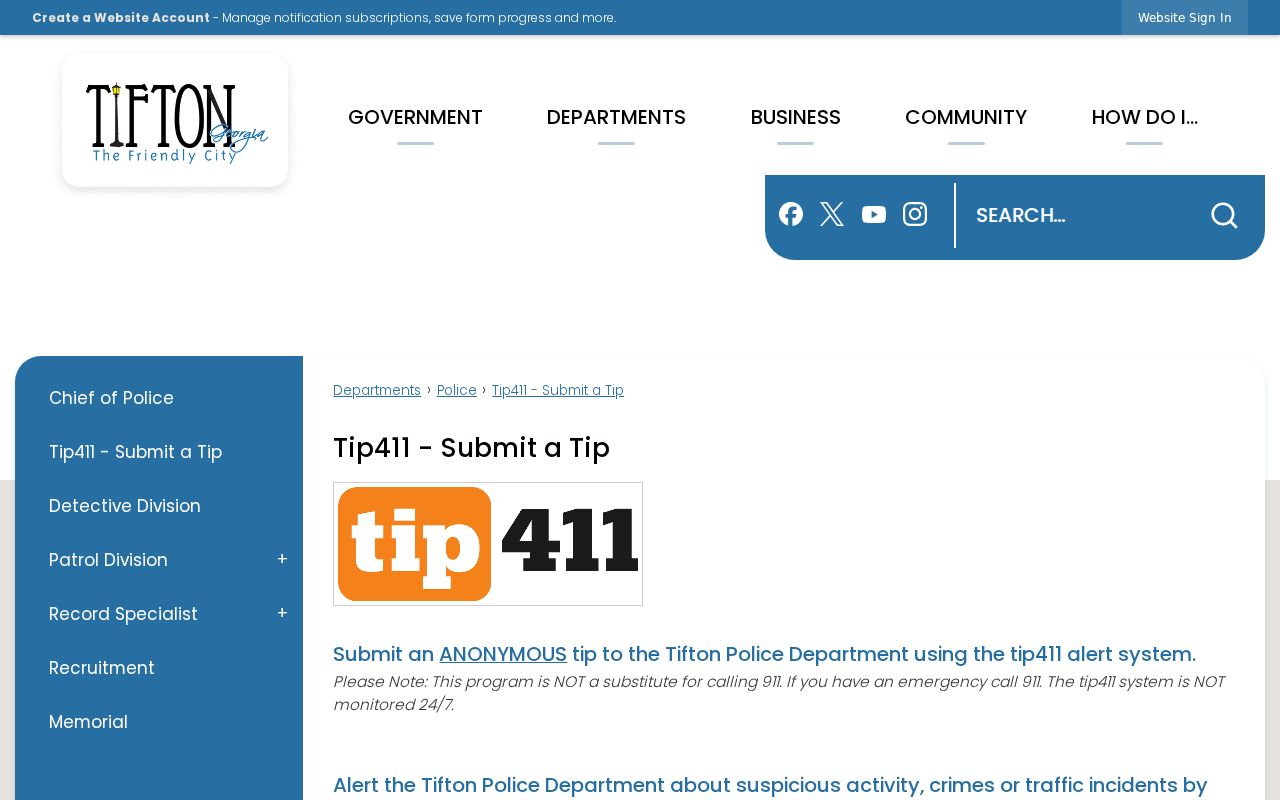 Tifton Police tip411 page, a tip service rather than a Ty Ty records portal