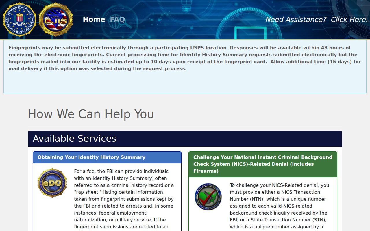 FBI electronic identity history portal for a Ty Ty personal record review