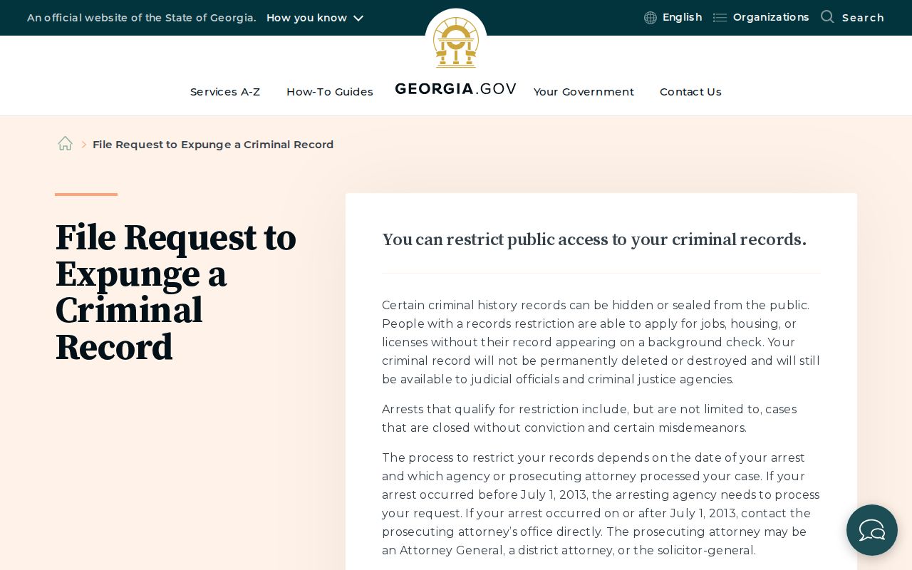 Georgia record restriction process for an eligible Ty Ty arrest record